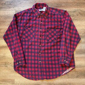 Basic Editions Casual Button Down Mens Large Red Plaid Rugged Flannel Shirt